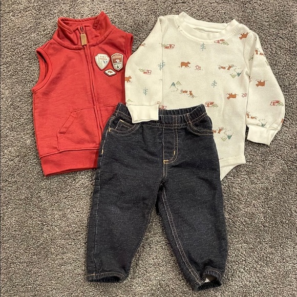 Carter's Other - Carters 3 Piece baby boy set - Red Vest, Patterned Onesie, and Dark Jeans